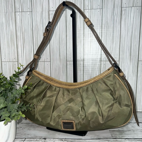 Burberry Shoulder Bag Olive Green Nylon Hobo Tote with Leather Trim - Picture 1 of 12